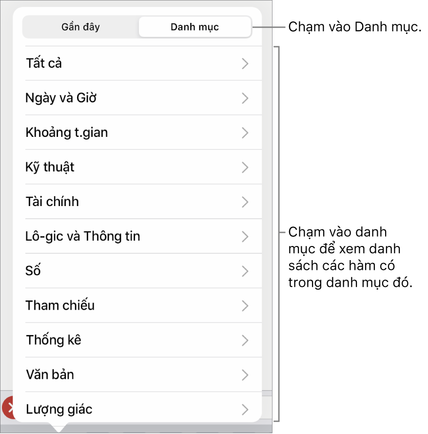 Trình duyệt hàm với chú thích đến nút Danh mục và danh sách các danh mục.