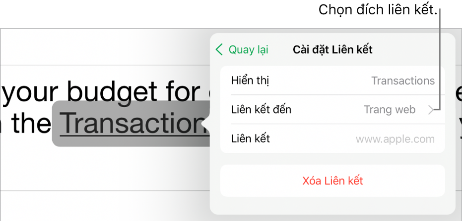 Chạm vào menu các điều khiển Cài đặt liên kết với các trường cho Hiển thị, Liên kết đến (Trang web được chọn) và Liên kết. Nút Xóa liên kết nằm ở dưới cùng.