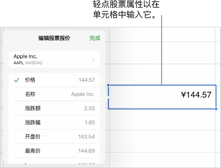 股票报价弹出窗口，顶部显示股票名称，下方列出所选股票属性，包括价格、名称、涨跌额、涨跌幅、开盘价和高峰。