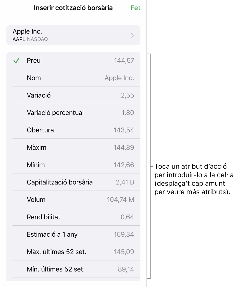 Finestra emergent “Cotització borsària”, amb el nom de l’acció a la part superior i amb atributs d’acció seleccionables, com ara el preu, el nom, el tipus de canvi i la variació percentual enumerats a sota.