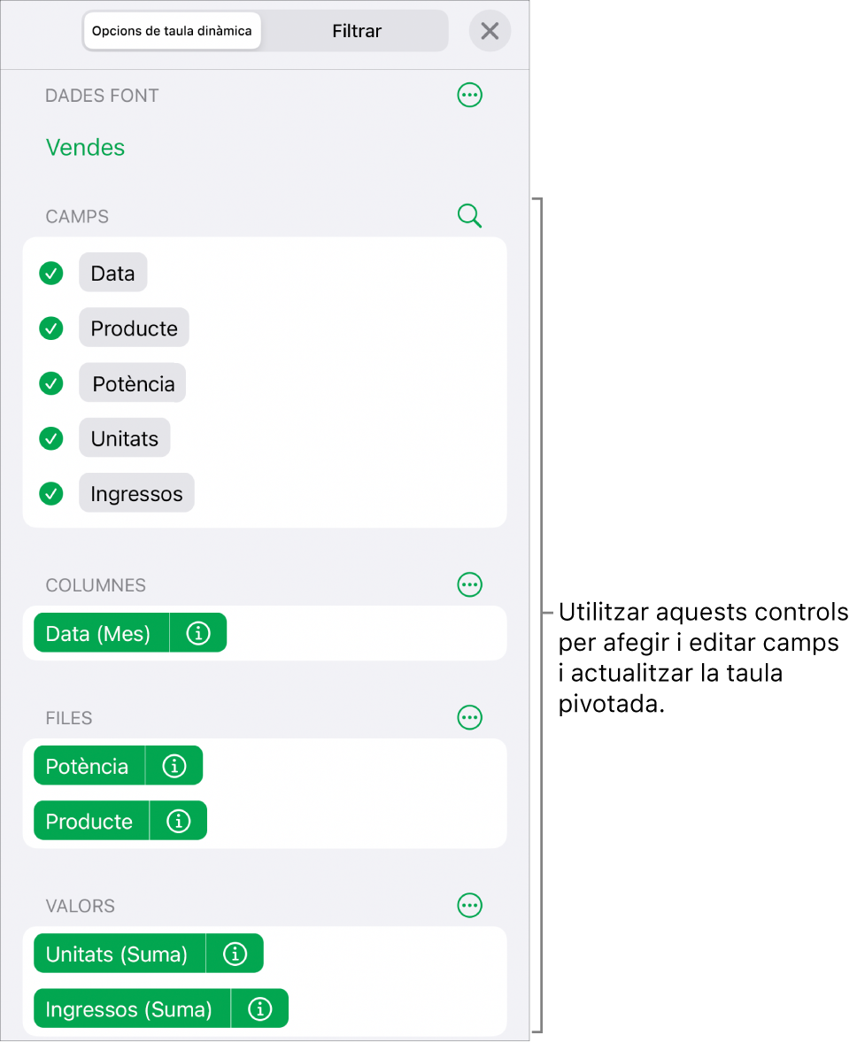 El menú “Opcions de taula dinàmica” que mostra els camps a les seccions Columnes, Files i Valors, a més dels controls per editar els camps.