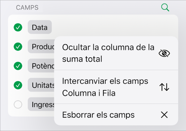 El menú “Més opcions de camp”, que mostra els controls per ocultar les sumes totals, intercanviar els camps de fila i de columna i esborrar els camps.