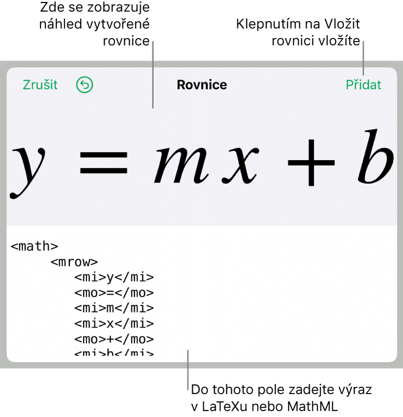 Rovnice směrnice přímky zapsaná v kódu MathML a nad ní náhled výsledného vzorce