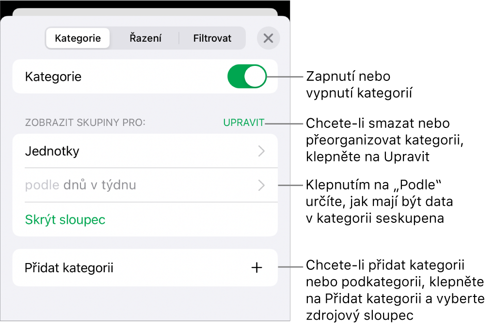 Nabídka kategorií na iPhonu s volbami pro vypnutí kategorií, smazání kategorií, přeskupení dat, skrytí zdrojového sloupce a přidání kategorií.