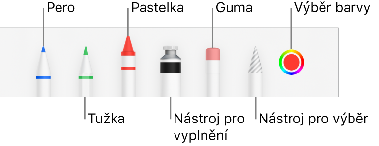 Panel nástrojů pro kreslení obsahující pero, tužku, pastel, nástroj výplň, nástroj pro výběr, gumu a výběr barev, který zobrazuje aktuální barvu. Pod výběrem barev se nachází tlačítko nabídky Více