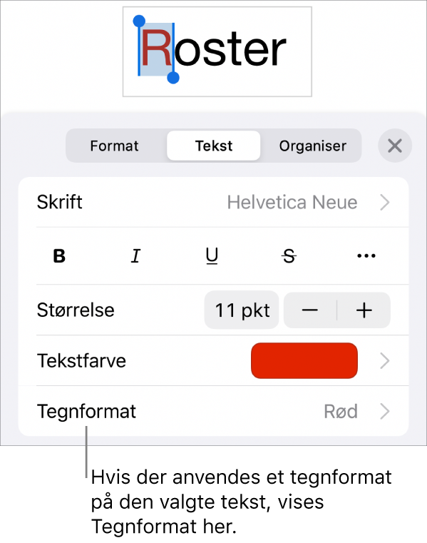 Betjeningsmulighederne til formatering af tekst med Tegnformat under betjeningsmulighederne til farve. Tegnformatet Intet vises med en stjerne.