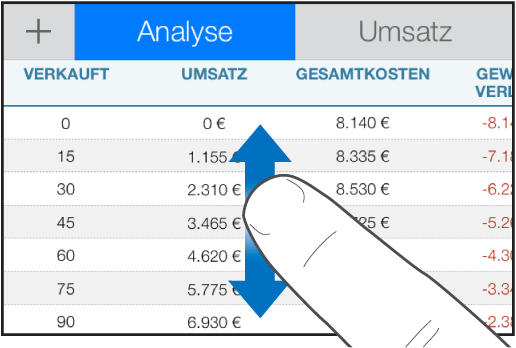 Einen Finger nach oben und unten bewegen, um innerhalb einer Tabelle zu scrollen.