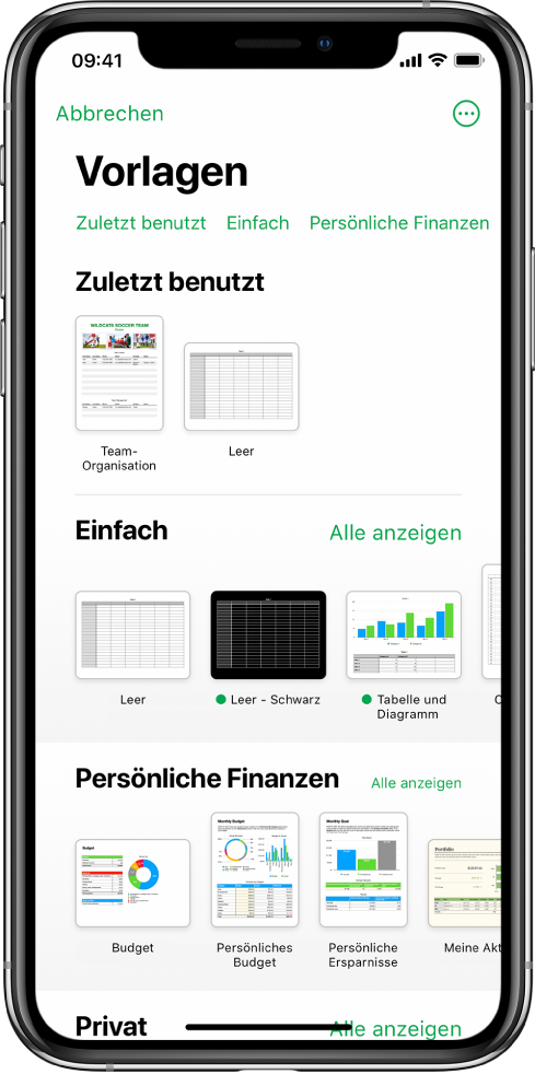 Die Vorlagenauswahl zeigt oben eine Zeile mit Kategorien, auf die du tippen kannst, um die Optionen zu filtern. Darunter befinden sich Miniaturen der vordefinierten Vorlagen in Zeilen nach Kategorien sortiert, beginnend mit „Zuletzt benutzt“ oben, gefolgt von „Einfach“ und „Persönliche Finanzen“. Die Taste „Alle anzeigen“ erscheint darüber und rechts neben jeder Kategoriezeile. Die Taste für Sprache und Region befindet sich oben rechts.