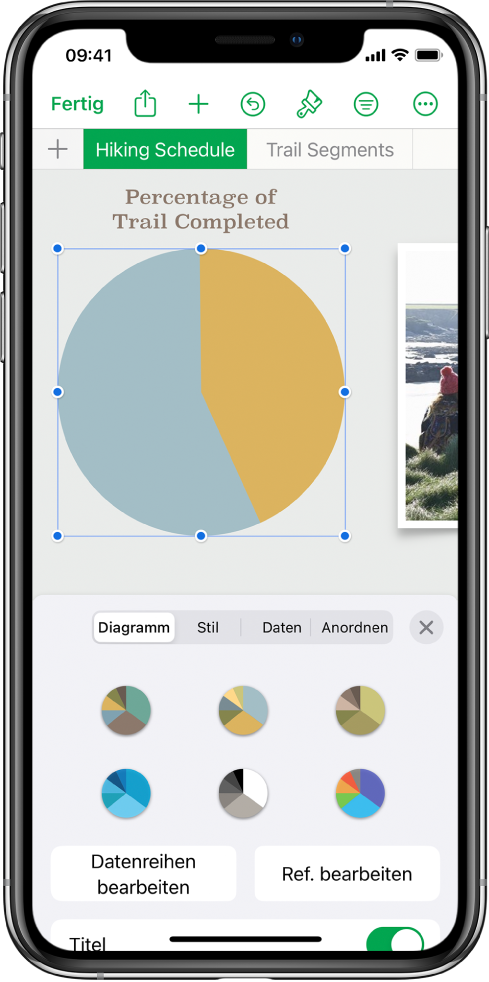 Dieses Kreisdiagramm zeigt, wie viel Prozent der Routen bereits vollständig sind. Das Menü „Format“ ist ebenfalls geöffnet und zeigt die verschiedenen Diagrammtypen, die zur Auswahl stehen, sowie Optionen zum Bearbeiten der Datenreihen oder Diagrammreferenzen, zum Aktivieren oder Deaktivieren der Diagrammtitel oder Beschriftungen, zum Anpassen des Rotationswinkels des Diagramms und zum Ändern des Diagrammtyps.