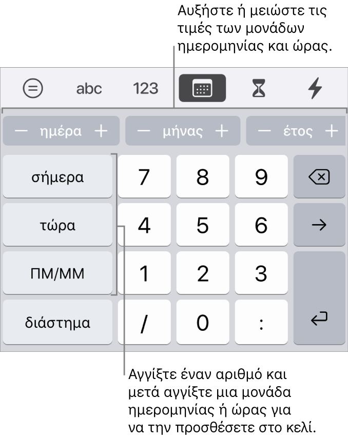 Το πληκτρολόγιο ημερομηνίας και ώρας. Μια σειρά κουμπιών κοντά στο πάνω μέρος αντιστοιχούν στις μονάδες χρόνου (μήνας, ημέρα, έτος και ώρα) που μπορείτε να αυξομειώσετε για να αλλάξετε την τιμή που εμφανίζεται στο κελί. Υπάρχουν πλήκτρα στα αριστερά για τις έννοιες σήμερα, τώρα και ΠΜ/ΜΜ, ενώ τα πλήκτρα αριθμών βρίσκονται στο κέντρο του πληκτρολογίου.