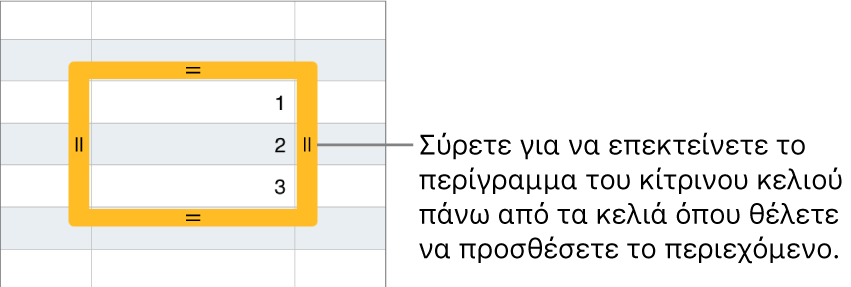 Ένα επιλεγμένο κελί με ένα μεγάλο κίτρινο περίγραμμα που μπορείτε να σύρετε για αυτοσυμπλήρωση κελιών.