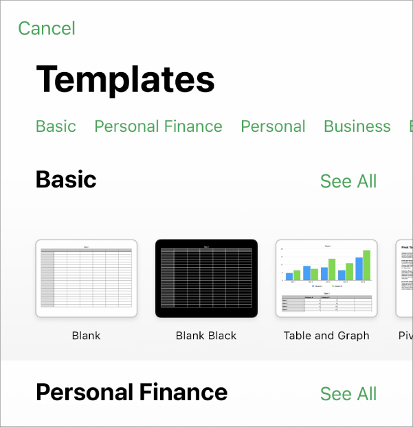 The template chooser, showing a row of categories across the top that you can tap to filter the options. Below are thumbnails of predesigned templates arranged in rows by category, starting with Recent at the top and followed by Basic. A See All button appears above and to the right of each category row. The Language and Region button is in the top-right corner.