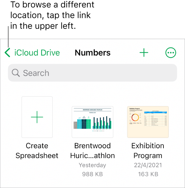 The browse view of the spreadsheet manager with a location link in the top-left corner and below it a Search field. In the top-right corner are the Add a Spreadsheet button and the More button. At the bottom of the screen are a Recent button and Browse button.