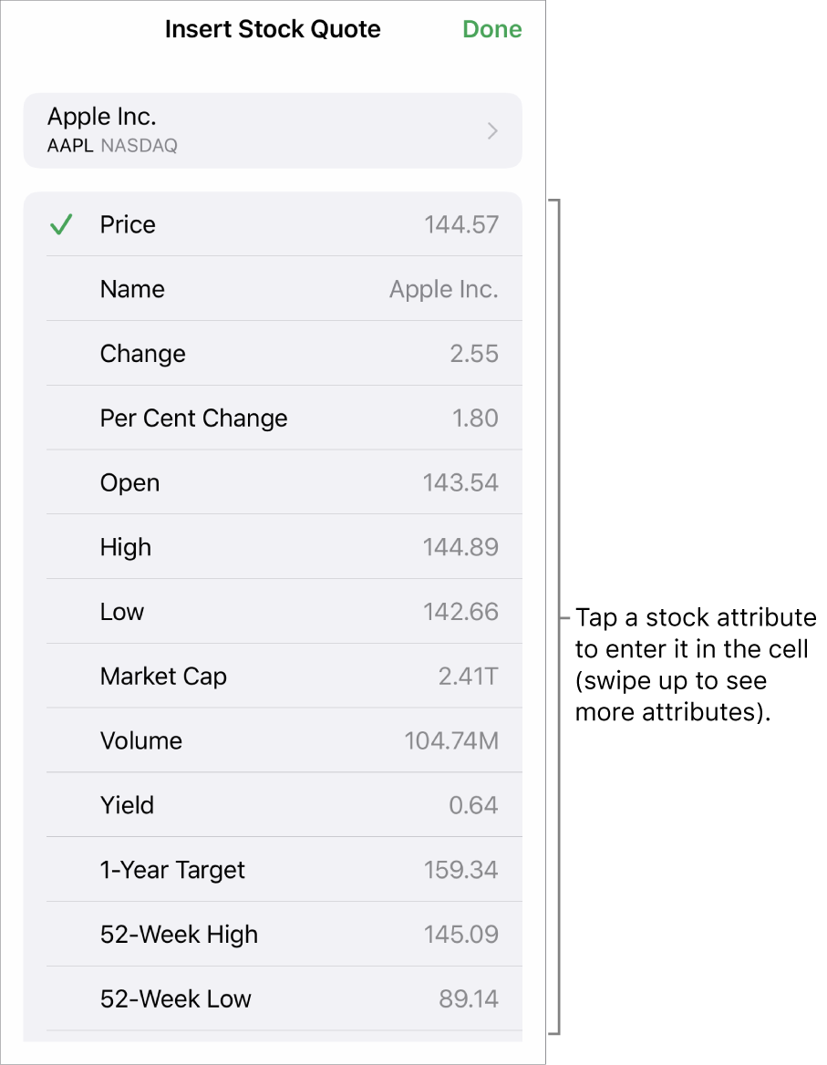 The stock quote pop-over, with the stock name at the top and selectable stock attributes including price, name, change, per cent change and open listed below.