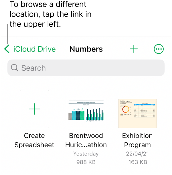 The browse view of the spreadsheet manager with a location link in the top-left corner and below it a Search field. In a row below Search are a button to add a folder; a pop-up menu to search by folder name, date, size or tags; and a button to switch between icon and list views. Below these are a Create Spreadsheet button next to thumbnails of existing spreadsheets. At the bottom of the screen are a Recents button and Browse button.