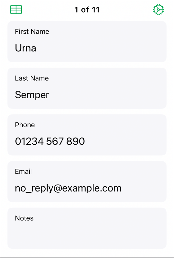 One record in a form with fields for name, phone number, email and more. Also, controls to view the linked table, form setup mode and switch between records are shown.