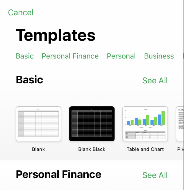 The template chooser, showing a row of categories across the top that you can tap to filter the options. Below are thumbnails of predesigned templates arranged in rows by category, starting with Recents at the top and followed by Basic. A See All button appears above and to the right of each category row.