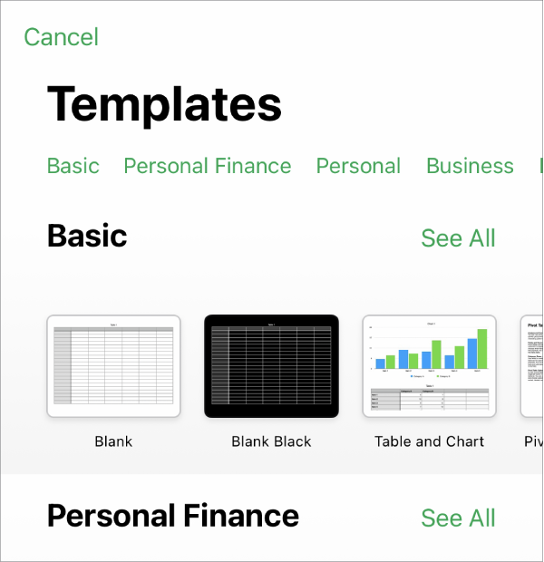 The template chooser, showing a row of categories across the top that you can tap to filter the options. Below are thumbnails of predesigned templates arranged in rows by category, starting with Recents at the top and followed by Basic. A See All button appears above and to the right of each category row. The Language and Region button is in the top-right corner.