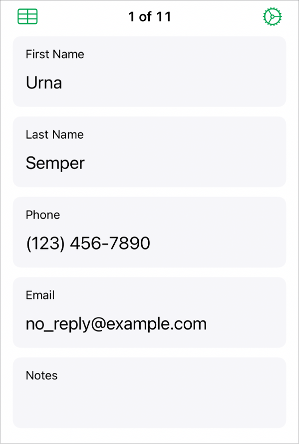 One record in a form with fields for name, phone number, email, and more. Also, controls to view the linked table, form setup mode, and switch between records are shown.