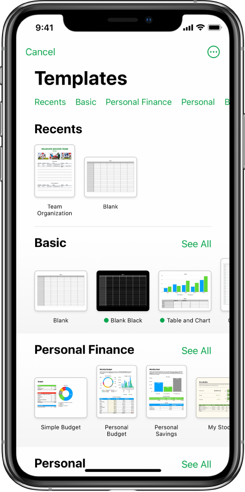 The template chooser, showing a row of categories across the top that you can tap to filter the options. Below are thumbnails of predesigned templates arranged in rows by category, starting with Recents at the top and followed by Basic and Personal Finance. A See All button appears above and to the right of each category row. The Language and Region button is in the top-right corner.