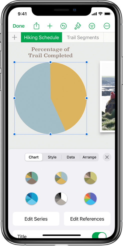 A pie chart showing percentages of trails completed. The Format menu is also open, showing different chart styles to choose from, as well as options to edit the series or chart references, and turn the chart title on or off.