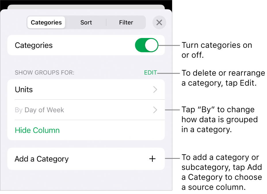 The Categories menu for iPhone with options for turning categories off, deleting categories, regrouping data, hiding a source column, and adding categories.