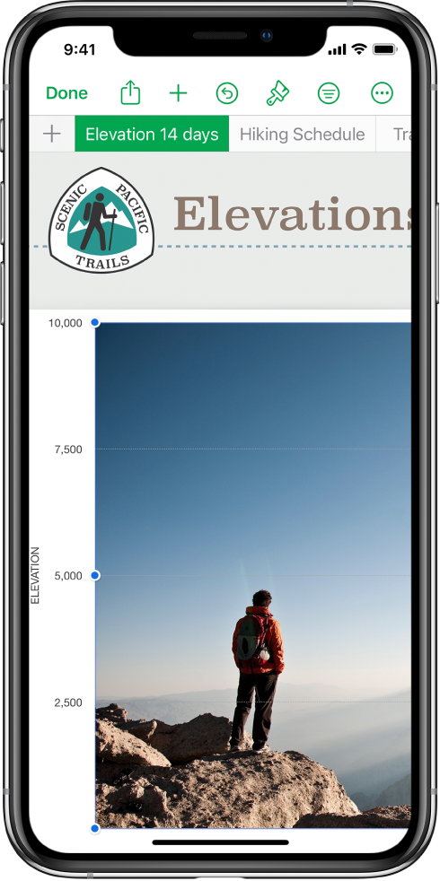 A spreadsheet tracking hiking information, showing sheet names near the top of the screen. The Add Sheet button is on the left, followed by sheet tabs for Elevation and Trail Segments.