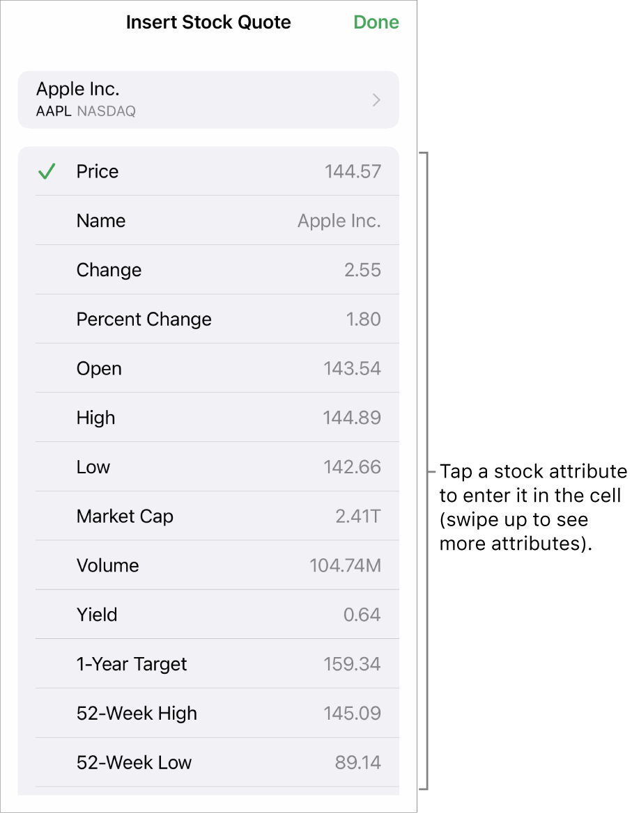 The stock quote popover, with the stock name at the top, and selectable stock attributes including price, name, change, percent change, and open listed below.