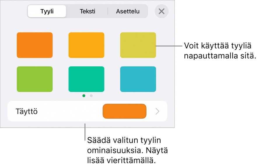 Muoto-valikon Tyyli-välilehti, jossa on ylhäällä kuviotyylejä ja niiden alla täyttövärin valitsin.