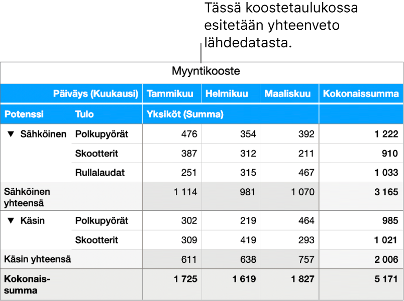 Koostetaulukossa näkyvät yhteenveto datasta ja säätimet tietyn datan näyttämistä varten.