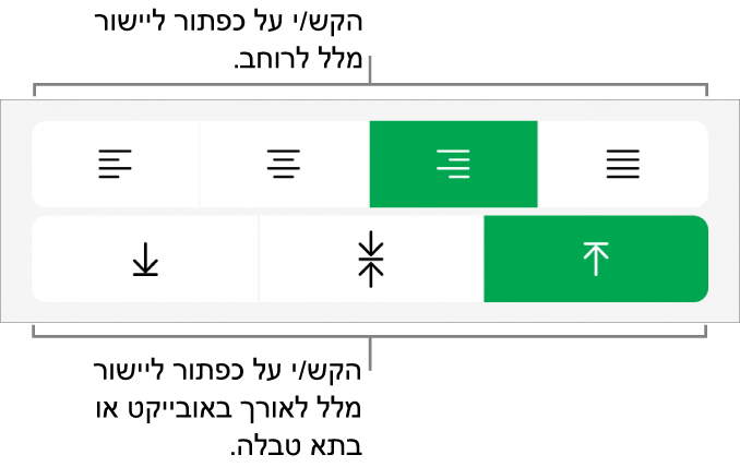 כפתורי יישור אופקי ואנכי עבור מלל.