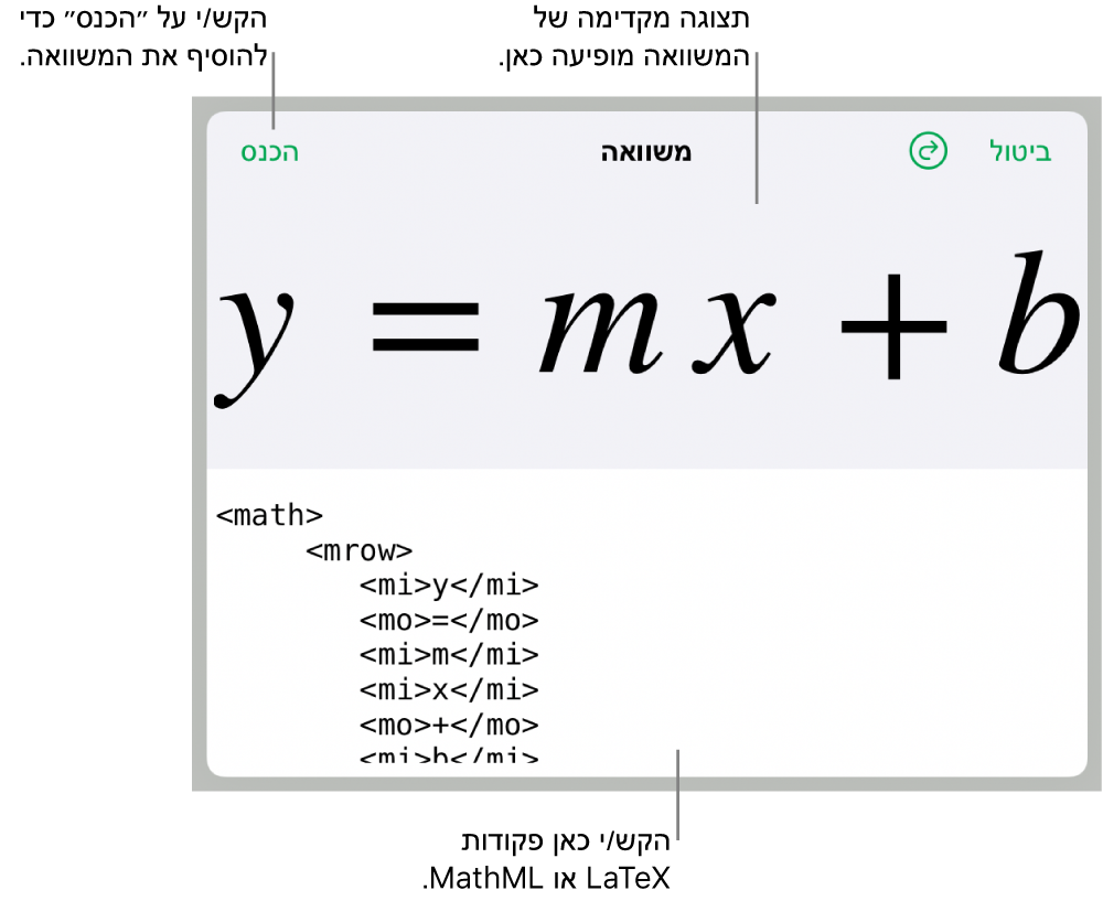 קוד MathML עבור המשוואה של עקומת קו ותצוגה מקדימה של הנוסחה למעלה.