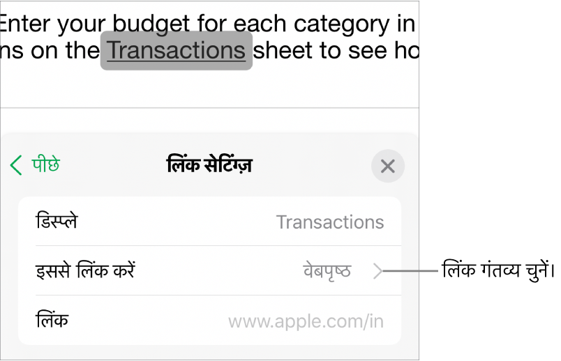 “प्रदर्शन” फ़ील्ड, “इससे लिंक करें” (चयनित सेट) और “लिंक” फ़ील्ड से लिंक सेटिंग्ज़ नियंत्रण करते हैं। “लिंक हटाएँ” बटन नियंत्रण के सबसे नीचे स्थित होता है।