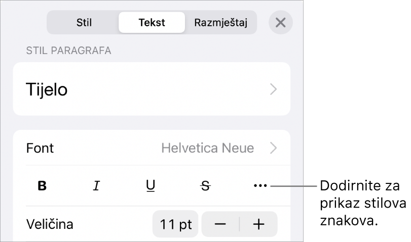 Kontrole opcije Formatiraj sa stilovima paragrafa pri vrhu, zatim kontrole Fonta. Ispod su tipke opcija teksta Podebljano, Kurziv, Podcrtavanje, Precrtavanje i Više.