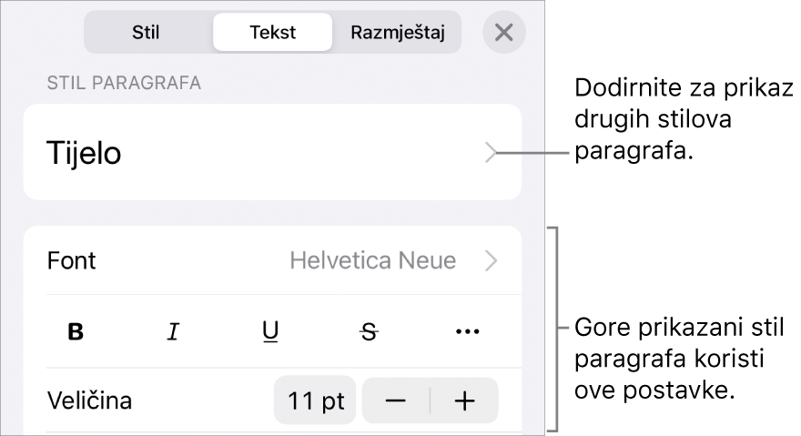 Izbornik Formatiraj s prikazom kontrola teksta za postavljanje paragrafa i stilova paragrafa, fonta, veličine i boje.