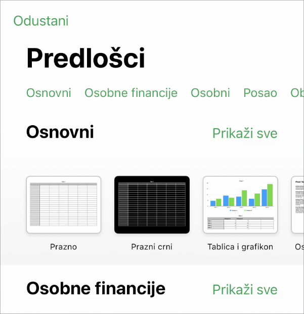 Izbornik predložaka s prikazom retka kategorija preko vrha na koje možete dodirnuti za filtriranje opcija. Ispod su minijature prethodno dizajniranih predložaka poredanih u redove prema kategoriji.