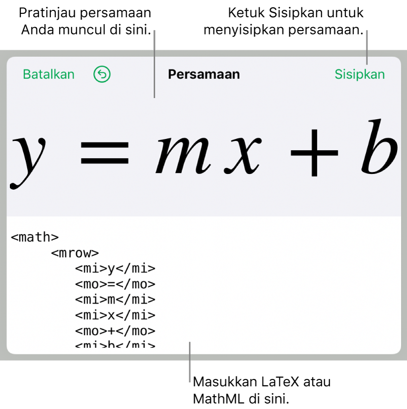 Kode MathML untuk persamaan untuk kemiringan garis dan pratinjau formula di atas.