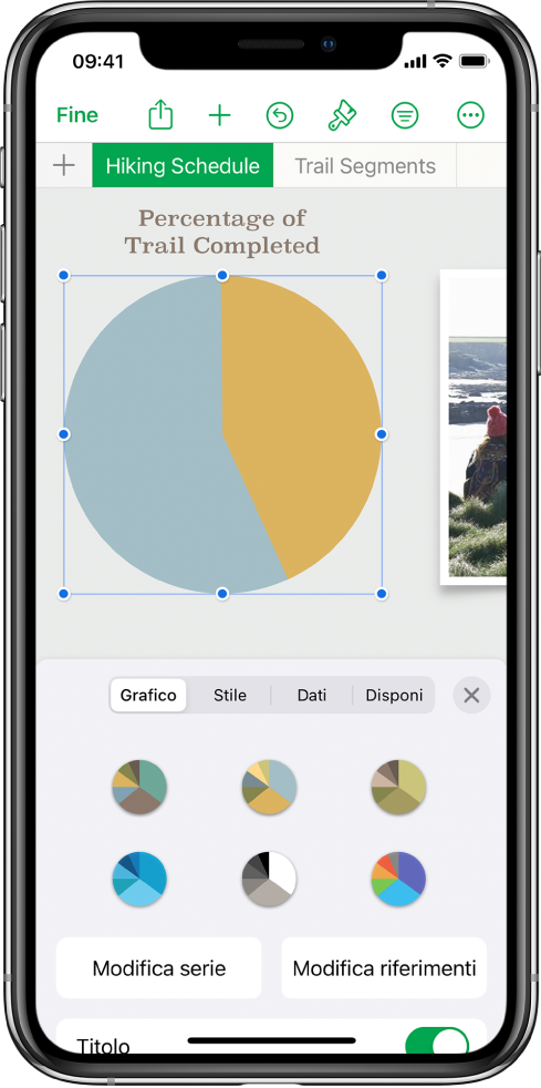 Un grafico a torta che mostra le percentuali dei sentieri percorsi. Anche il menu Formato è aperto e mostra diversi stili di grafico tra cui scegliere, nonché delle opzioni per modificare le serie o i riferimenti del grafico e attivare o disattivare il titolo del grafico.