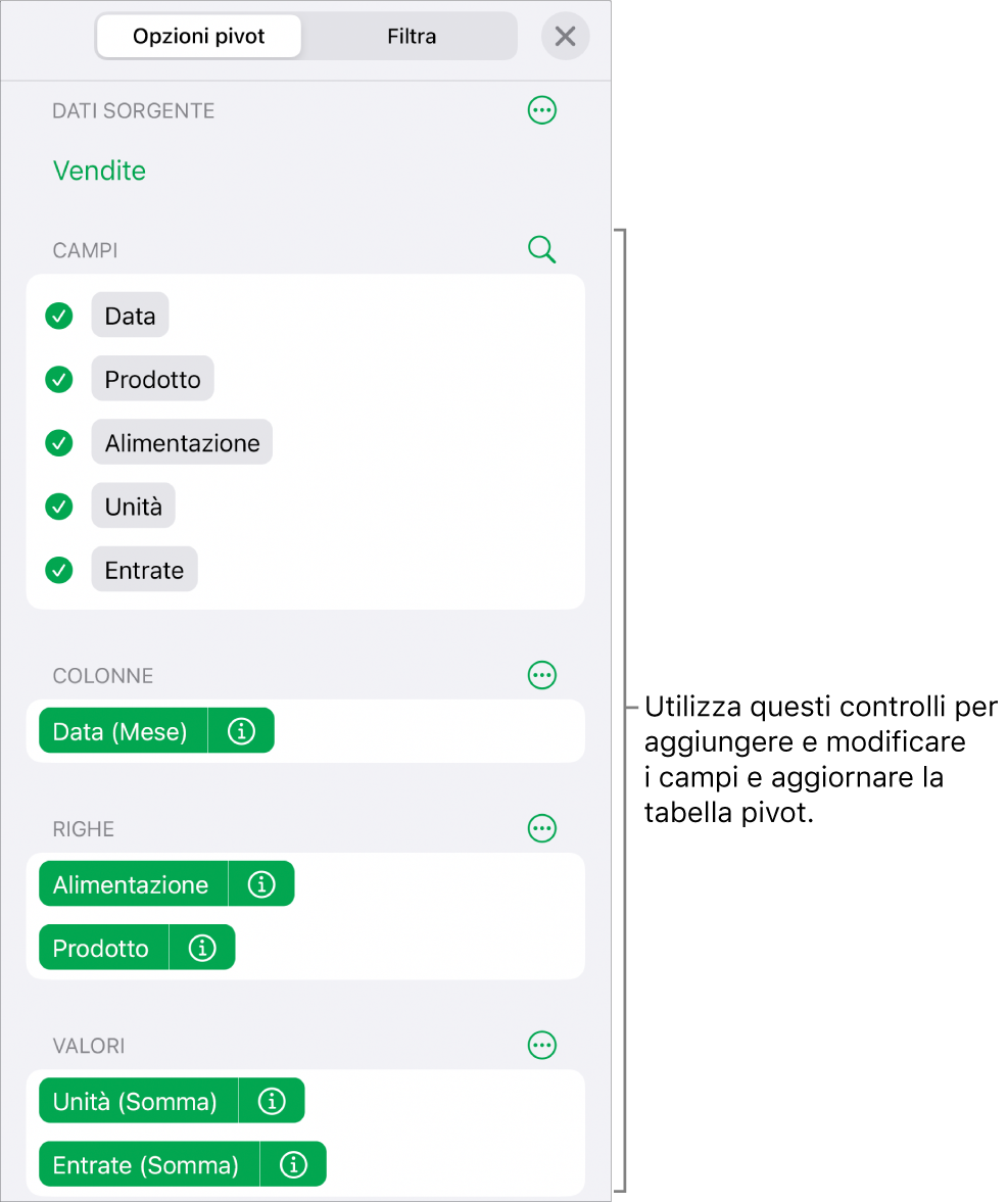 Il menu “Opzioni pivot” che mostra campi nelle sezioni Colonne, Righe e Valori, nonché i controlli per modificare i campi.