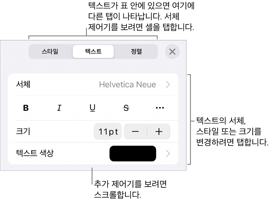 포맷 메뉴에 있는 단락, 문자 스타일, 서체, 크기 및 색상을 설정할 수 있는 텍스트 제어기.