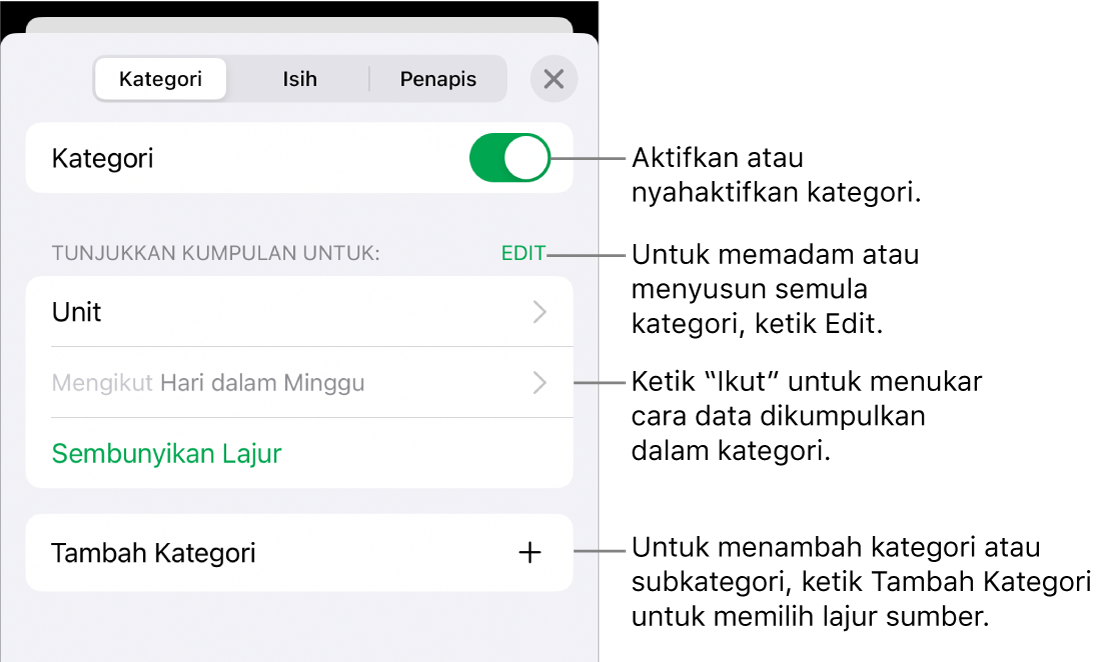 Menu Kategori untuk iPhone dengan pilihan untuk menyahaktifkan kategori, memadam kategori, mengumpul semula data, menyembunyikan lajur sumber dan menambah kategori.