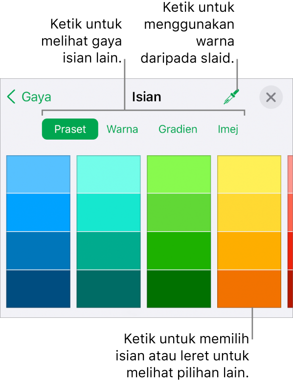 Pilihan Isian dalam anak tetingkap Gaya pada butang Format.