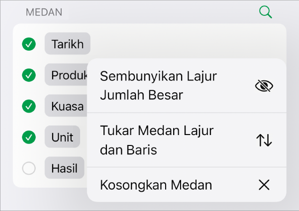 Menu Lagi Pilihan Medan, menunjukkan kawalan untuk menyembunyikan jumlah besar, menukar medan lajur dan baris, serta mengosongkan medan.