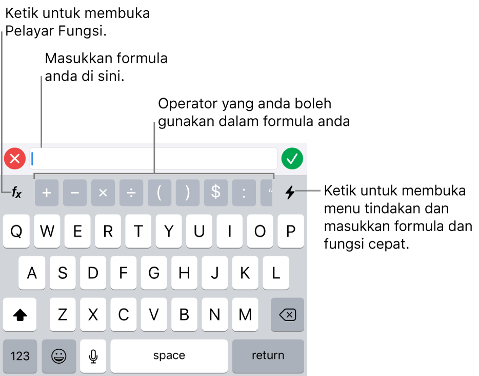 Papan kekunci formula dengan editor formula di atasnya dan operator yang digunakan dalam formula di bawahnya. Butang Fungsi untuk membuka Pelayar Fungsi terdapat di sebelah kiri operator manakala butang menu Tindakan di sebelah kanan.