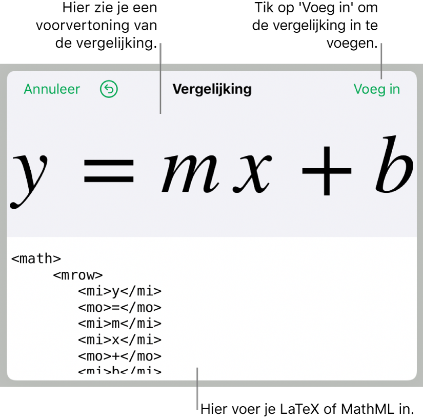 MathML-code voor de vergelijking voor de helling van een lijn, met daarboven een voorvertoning van de formule.