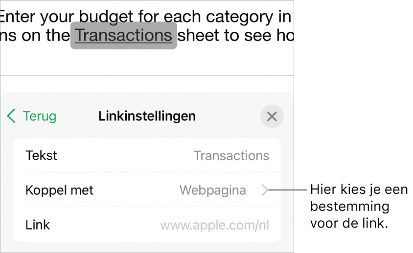 De regelaars voor linkinstellingen met velden voor 'Tekst', 'Koppel met' ('Webpagina' is geselecteerd) en 'Link'. Onderaan staat de knop 'Verwijder link'.