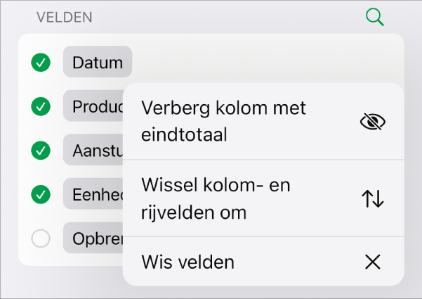 Het menu met meer veldopties, met de regelaars om eindtotalen te verbergen, kolom- en rijvelden om te wisselen en velden te wissen.