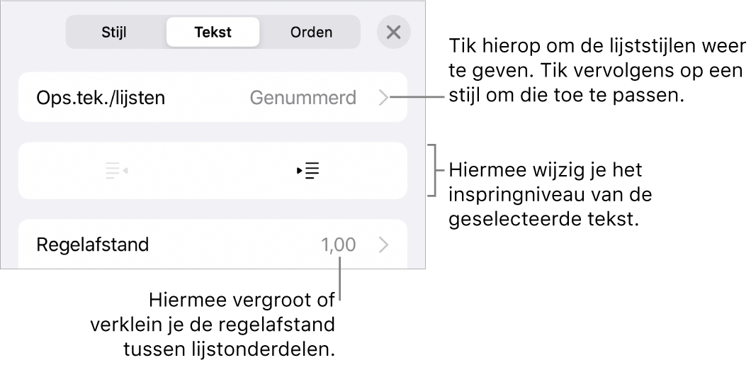 Het gedeelte 'Ops.tek./lijsten' van de opmaakregelaars met uitleg bij 'Ops.tek./lijsten', de inspringknoppen en de regelaars voor de regelafstand.