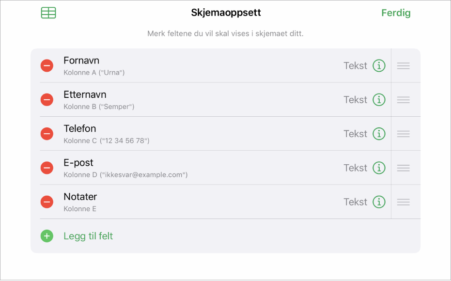 Skjemaoppsett-modus med valg for å legge til, redigere, endre rekkefølgen på og slette felter, i tillegg til endring av feltformat (for eksempel fra Tekst til Prosent).
