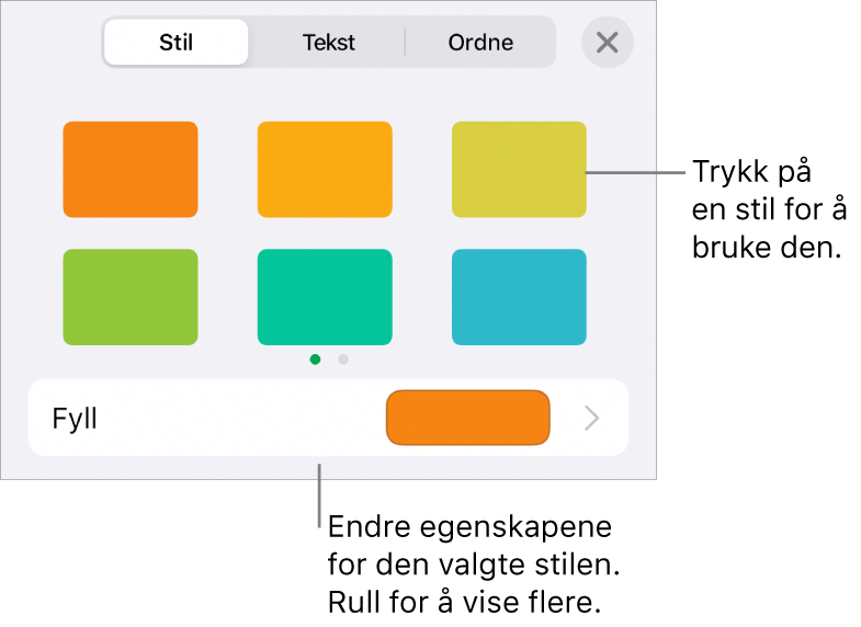 Stil-fanen i Format-menyen med objektstiler øverst og en kontroll under for å endre fyllet.